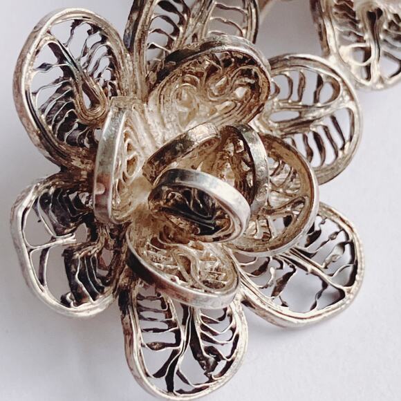 VTG Mid Century Brooch Silver Filigree Layered Floral Scrollwork Pin - Picture 3 of 10